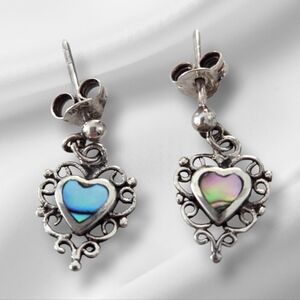 Sterling Silver 925 Vintage Abalone Heart Dangle Earrings